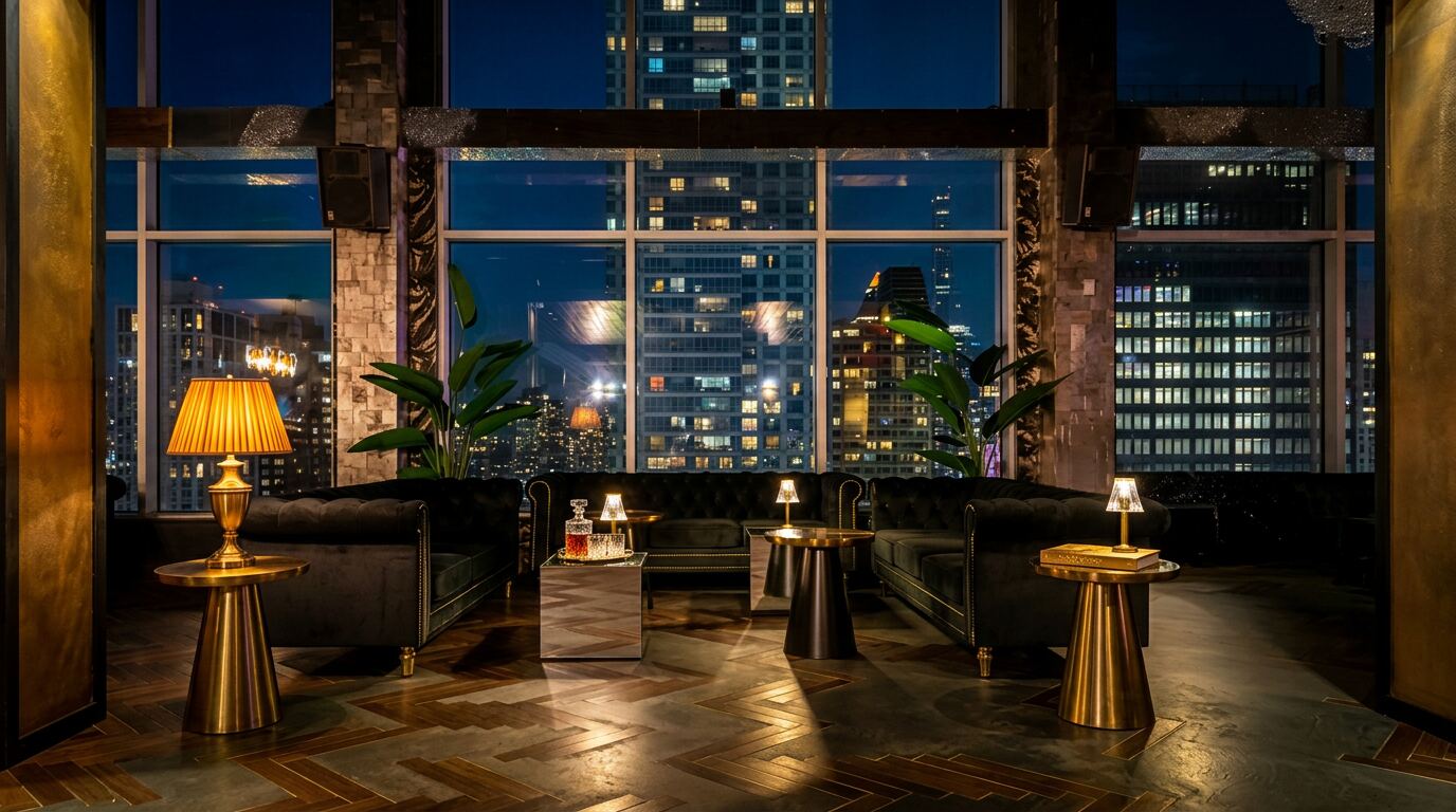 Indoor lounge configured for a corporate reception